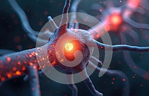 Illustration of neuron cell. Image neuron structure with dynamic electrical activity, communication. Scientific representation of