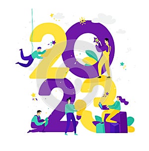 Illustration for the New Year 2023. Vector. People work around numbers. Businessmen celebrate Christmas. Employees in the office a