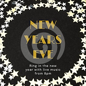 Illustration of new years eve, ring in the new year with live music from 8pm text with stars