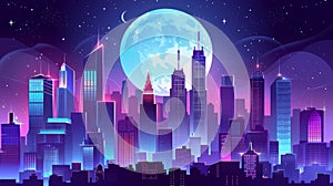 An illustration of a night city with a full moon and starry sky. Illustration of skyscrapers with neon windows, a cloudy