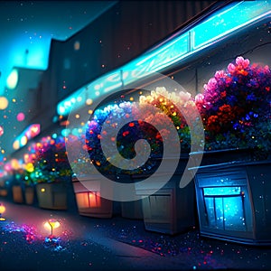 Illustration of a night city street with neon lights and flowers. generative AI