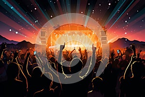 Illustration of a night concert with crowd of young people enjoying