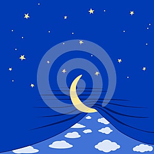 Illustration night day sunrise sunset moon stars curtain blue skies good night