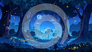 An illustration of a night forest, a nature 2D landscape, a mysterious wood with moonlight glow and flying fireflies. A