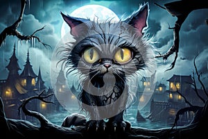 Illustration of night landscape with haunted houses, heavy rain and scary cat