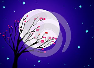 Illustration Of At Night With Moon, Stars, Sky, And Tree, Flowers.