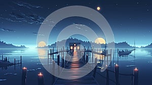 illustration, night seascape fantasy with lanterns and wood bridge,ai generative