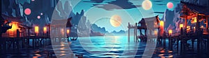 illustration, night seascape fantasy with lanterns and wood,website header, ai generative