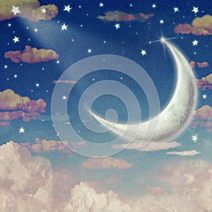 Illustration of night sky with clouds, moon and stars