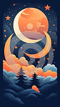 an illustration of the night sky with a crescent moon and stars