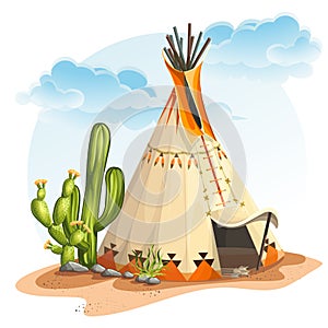 Illustration of the North American Indian tipi home with cactus and stones photo