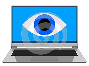 Illustration of a notebook with an eye on a display showing the spying software installed on the PC