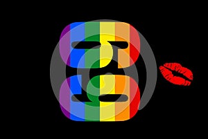 Illustration of the number 69 in rainbow colors and red lips isolated on a black background