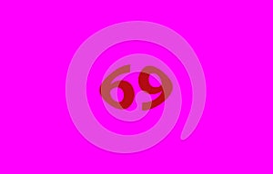 Illustration of the number 69 in red color isolated on a purple background