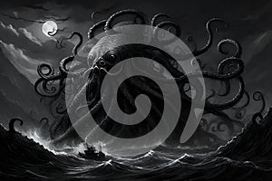 Illustration of an octopus in a dark stormy sea