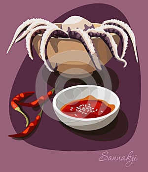 Illustration of an octopus with hot sauce and chili peppers. Asian food with seafood. Octopus with sauce on a purple