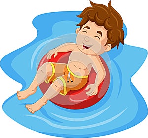 Cartoon little boy floating with inflatable ring