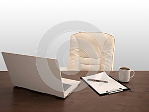 Illustration of office Desk and chair with working accessorie