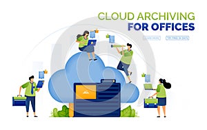 Illustration of office people accessing archived data, papers or company documents stored on network cloud server to make it