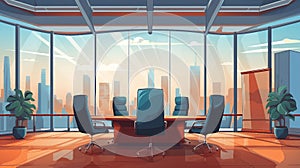 An illustration of an office with a table and chairs in front of a large window AI Generated