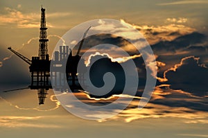 Illustration of oil platform on sea and sunset