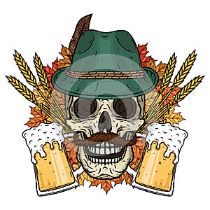 Illustration for oktoberfest. Skull in Tyrolean hat, with ears of wheat and glass of beer.