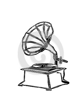 Illustration of a old antik gramophone in black and white