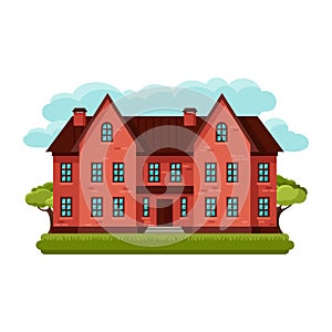 Illustration of old brick cottage on clouds