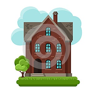 Illustration of old brick cottage on clouds