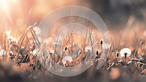 Illustration of old brn grass with white dandelions. Macro, bokeh, sunlight.