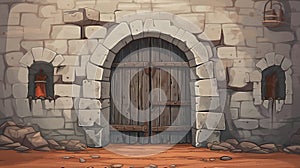An illustration of an old castle dungeon broken door and chest AI Generated