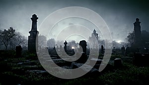 Illustration of old cemetery with fog on Halloween night.