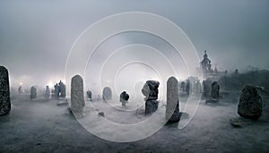 Illustration of old cemetery with fog on Halloween night.