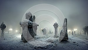 Illustration of old cemetery with fog on Halloween night.