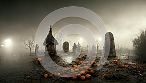 Illustration of old cemetery with fog on Halloween night.