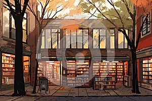 Illustration of an old library with bookshelfs and trees