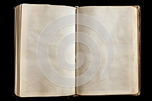 illustration of old open book with blank pages od dark background. Generative AI