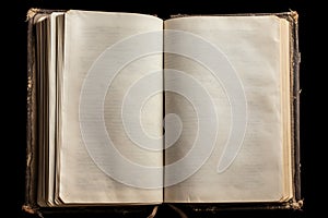 illustration of old open book with blank pages od dark background. Generative AI