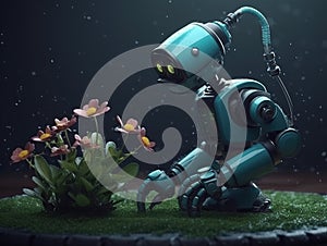 Illustration Of Old Robot Grows Flowers