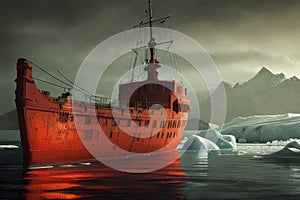 Illustration of an old ship in the ocean with icebergs in the background