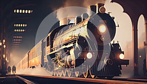 An Illustration of an old steam engine train at a small station, Humanly enhanced AI Generated image