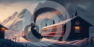 Illustration of an old steam engine train at a small station in the middle of mountains.AI generated