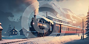 Illustration of an old steam engine train at a small station in the middle of mountains, AI generated image