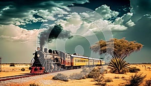 An Illustration of old-time steam engine train middle of the desert, AI-generated