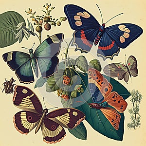 Illustration from an old vintage retro book on butterflies guide entomology, engraving style,