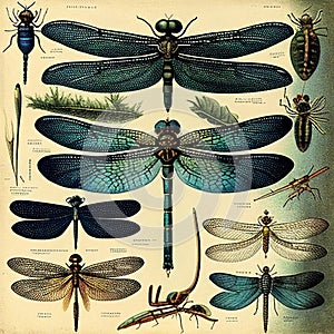 Illustration from an old vintage retro book on dragonfly guide entomology, engraving style,