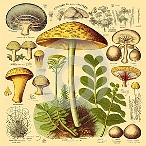 Illustration from an old vintage retro book on mushrooms guide entomology