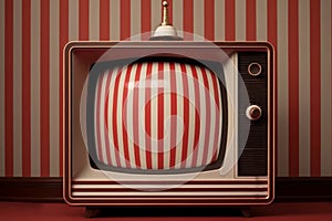 Illustration with an old vintage TV on a background of red and white wallpaper. Generated by AI