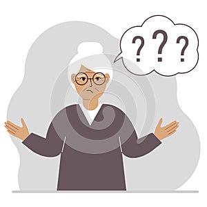 Illustration of a old woman who is confused, questioning. Want to find answers. People around the question mark