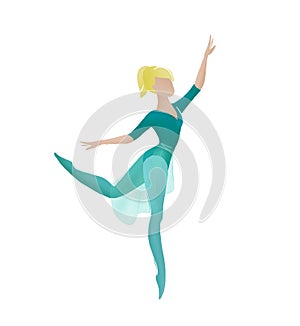 Illustration of one woman ballet dancer in arabesque position jump on pointe